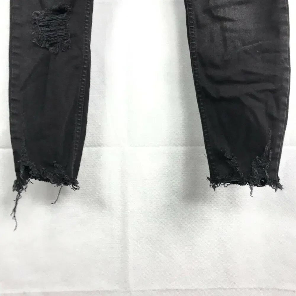 Free People Jeans Womens Sz‎ 29 Black Distressed High Rise Skinny Crop Ripped